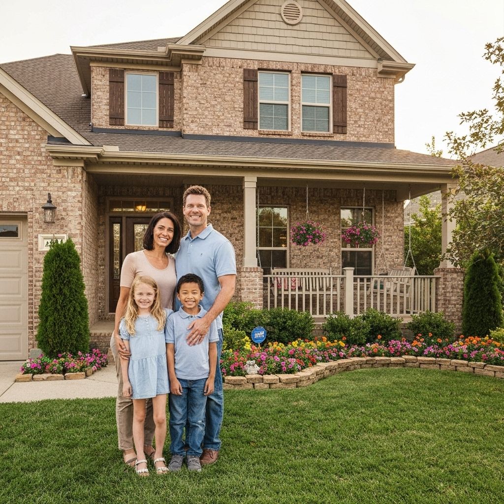 Happy family in front of their protected home